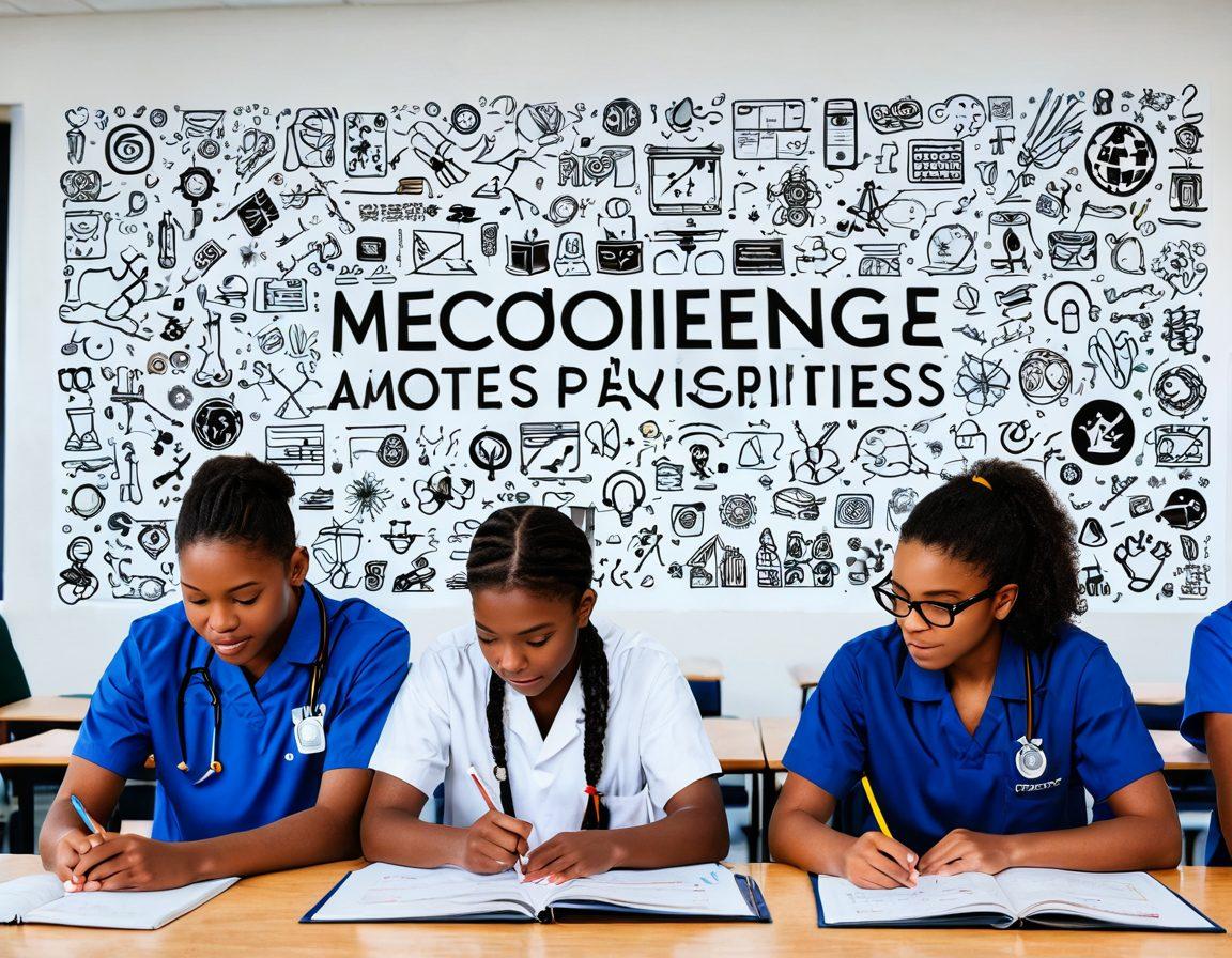 A diverse group of teenagers engaged in various career-related activities, such as coding, art, and science experiments, surrounded by symbolic icons representing different professions like medicine, engineering, and performing arts. The backdrop features a vibrant school setting with motivational quotes on walls and sunlight streaming through windows. The image conveys a sense of empowerment and inspiration. super-realistic. vibrant colors. white background.