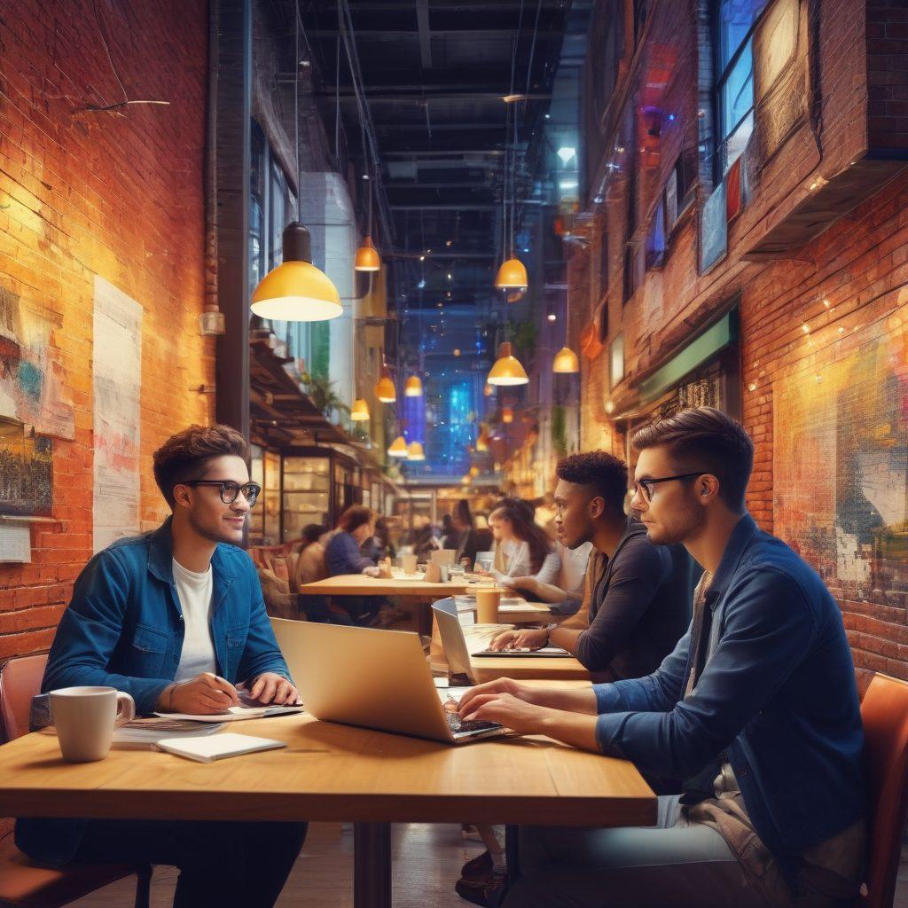 A vibrant collage showcasing diverse young individuals engaged in various part-time jobs and internships, like working in a café, coding on a laptop, and collaborating in a conference room. Each scene is layered with elements symbolizing growth and opportunity, such as upward arrows and bright lightbulbs. The background should be an energetic cityscape reflecting a bustling urban environment. Use a modern and colorful art style to signify optimism and possibility. super-realistic. vibrant colors. dynamic composition.