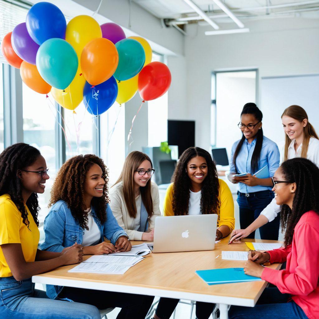A vibrant scene depicting a group of diverse teenagers enthusiastically engaged in various career exploration activities, such as attending a job fair, interviewing with mentors, and collaborating in a creative workspace. Include elements like colorful balloons, informative brochures, and a digital screen showcasing career options. The background should have a bright, uplifting atmosphere that conveys opportunity and growth. super-realistic. vibrant colors. white background.